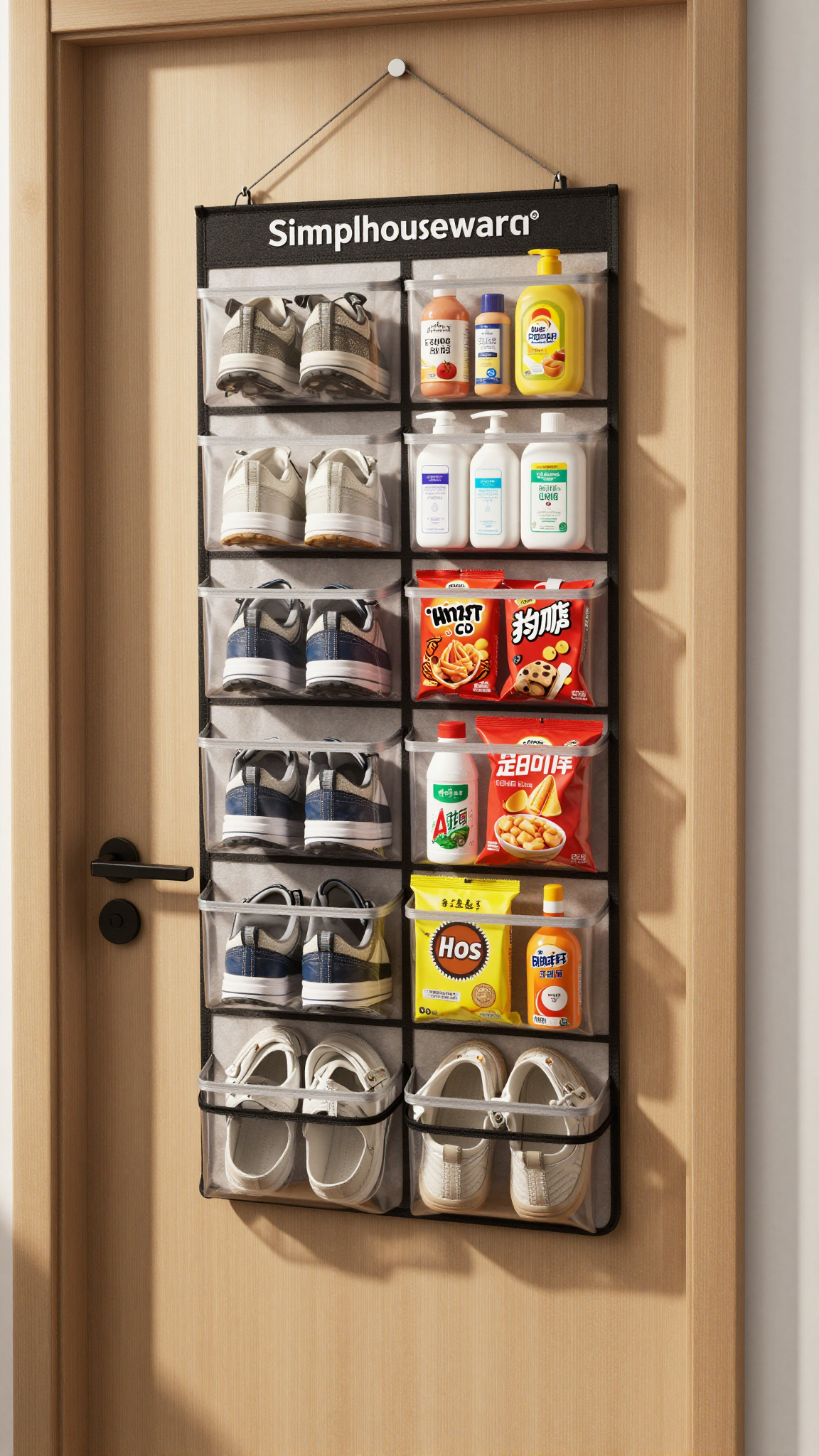 Clear over-door organizer with shoes and toiletries on dorm room door