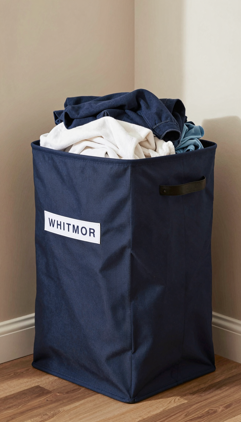 Foldable canvas laundry hamper in navy holding dirty clothes in dorm room