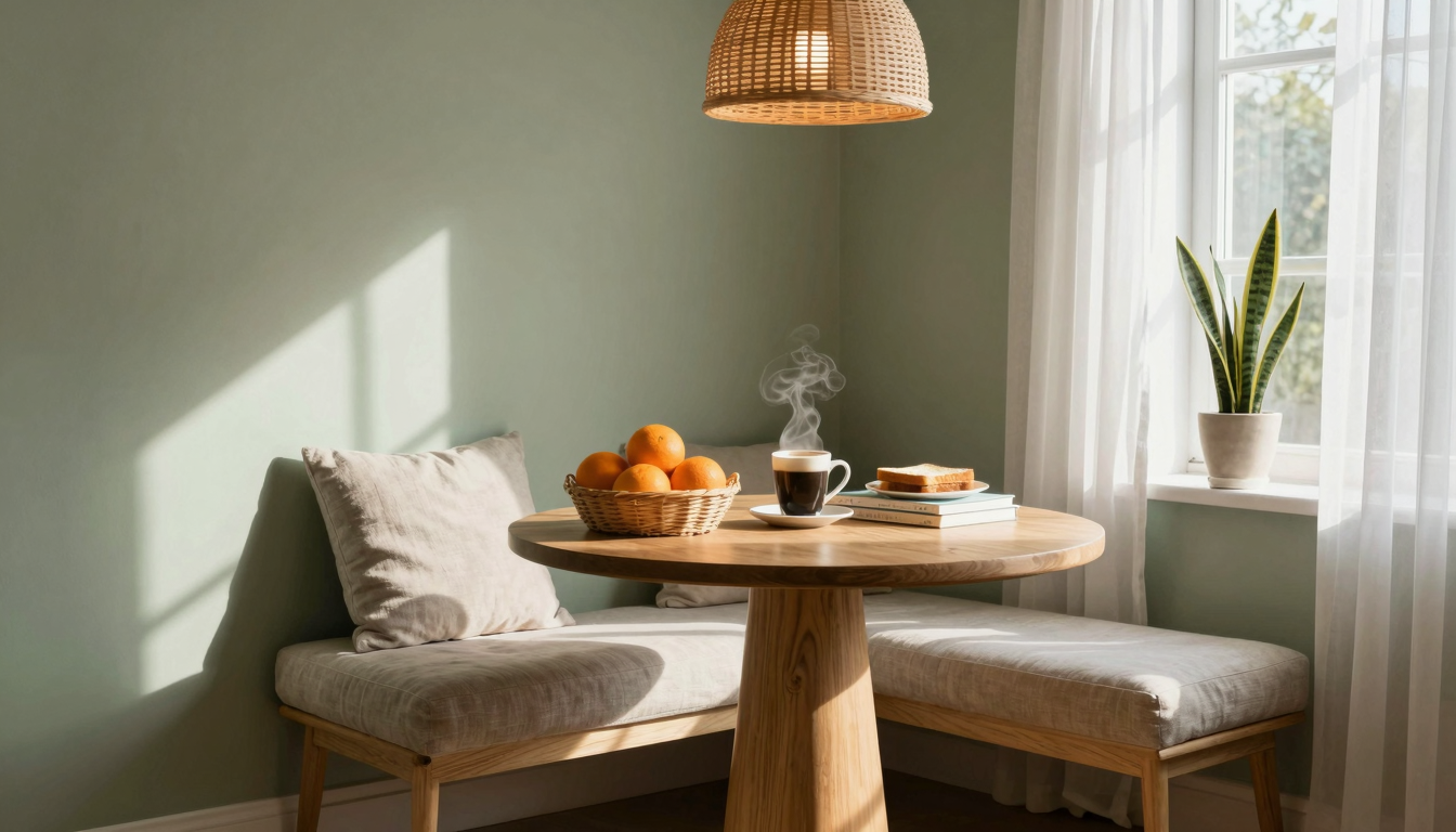 A cozy breakfast nook corner with a round pedestal table, linen bench seating, and warm morning light in a small apartment.