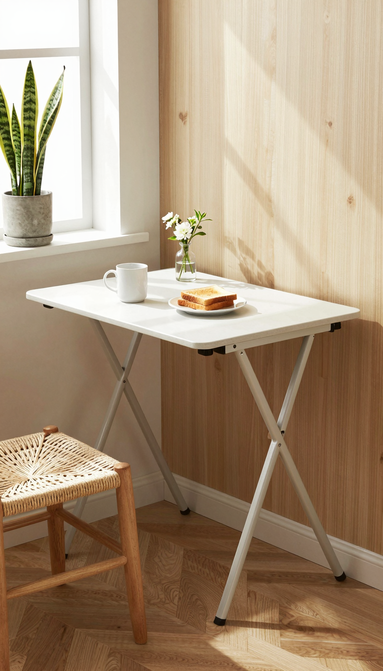A fold-down Murphy table in a breakfast nook corner, set with a white mug and toast.