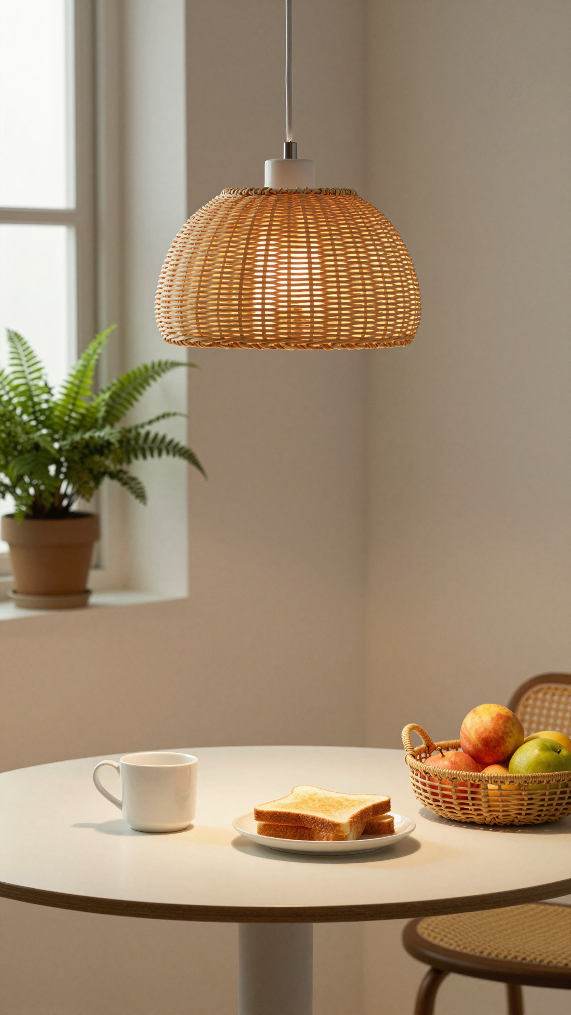 A woven pendant light hanging above a breakfast nook corner with a white mug and toast.