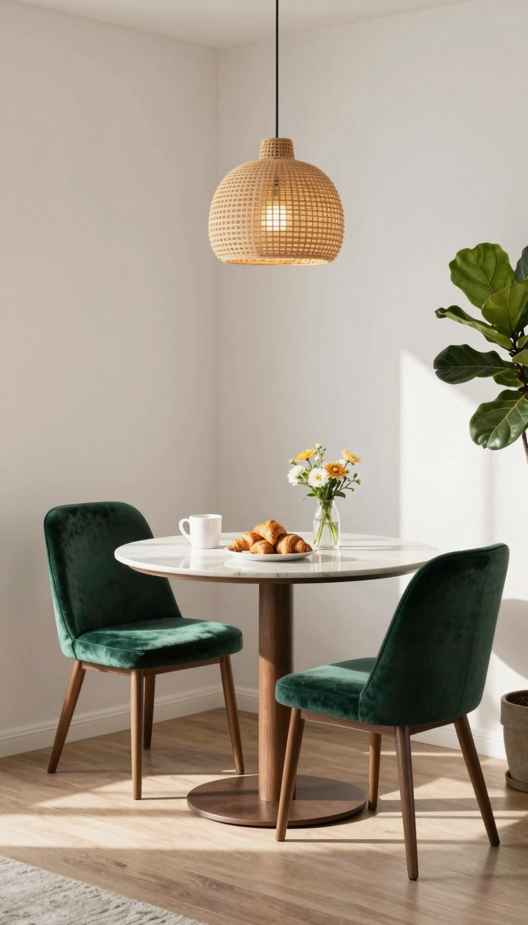 Two velvet dining chairs tucked under a round pedestal table in a breakfast nook corner.