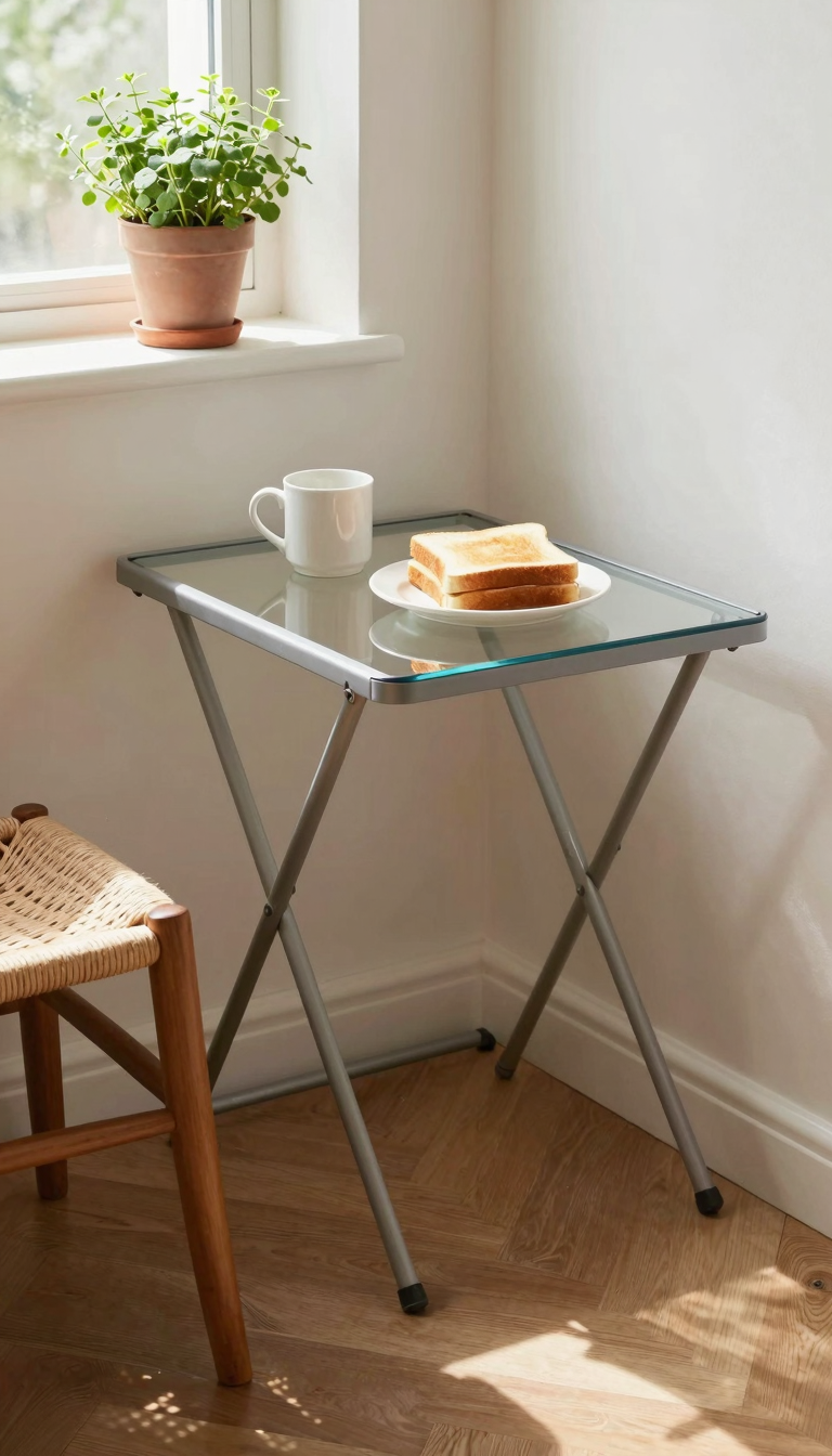 A foldable side table in a breakfast nook corner with a white mug and toast.