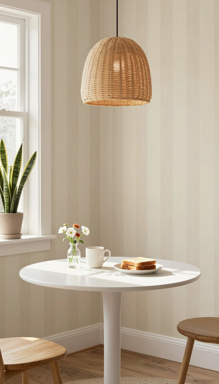 A breakfast nook corner with peel-and-stick wallpaper in a subtle stripe pattern behind a round pedestal table.