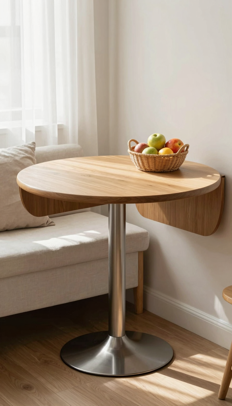 A round pedestal table with a drop-leaf tucked into a small apartment breakfast nook corner.