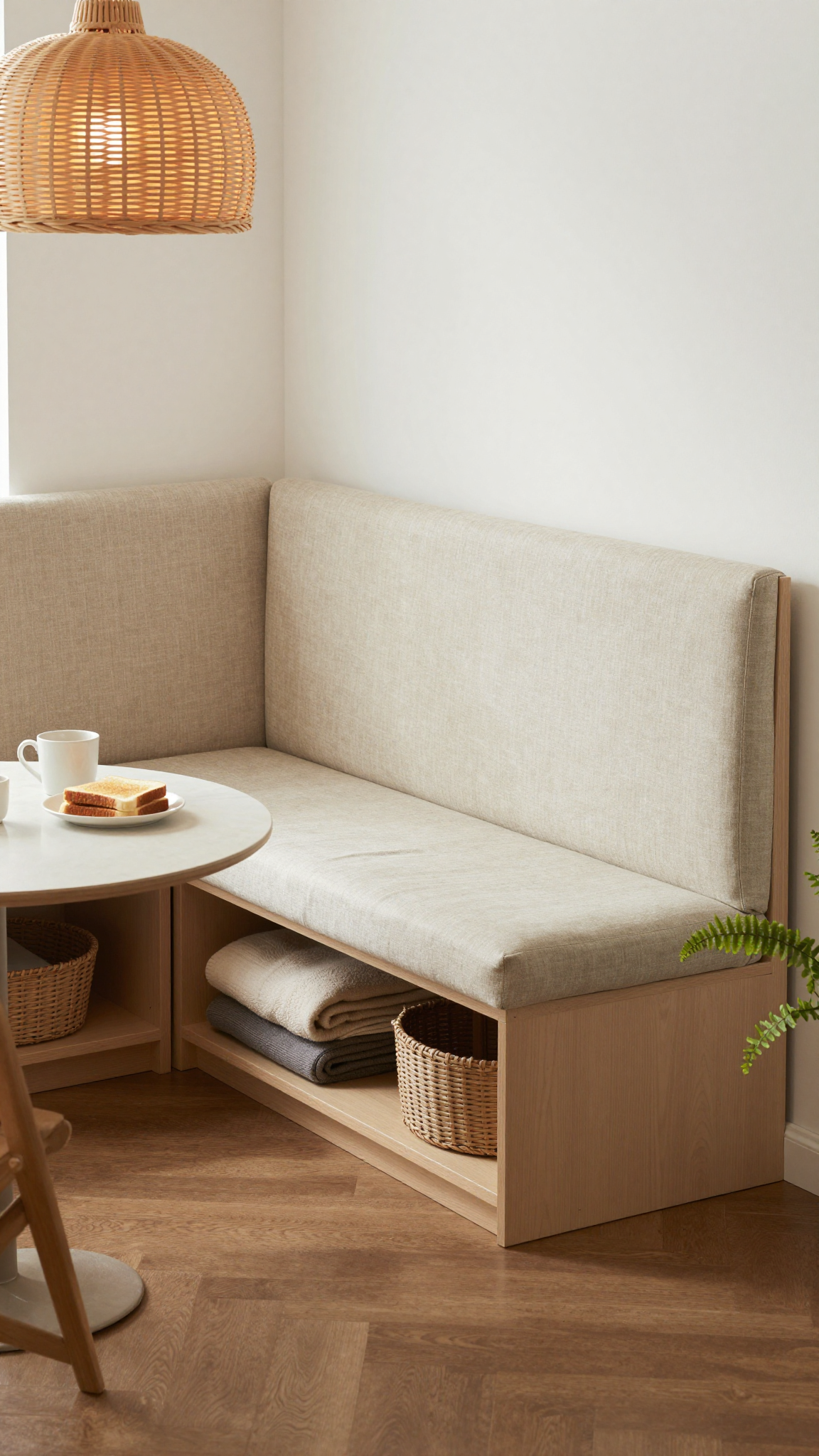 A banquette bench with storage in a breakfast nook corner, lifting to reveal a hidden compartment.