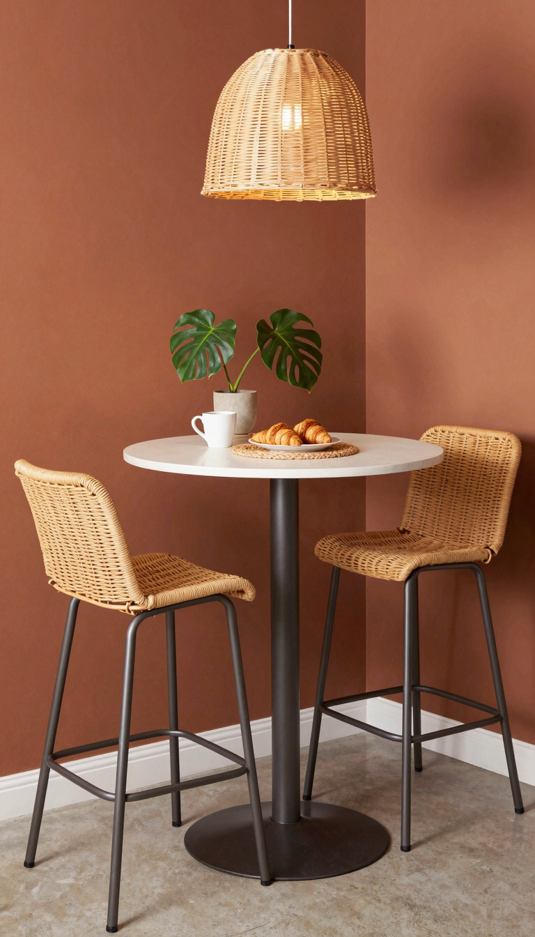Two wicker bar stools tucked under a round pedestal table in a breakfast nook corner.