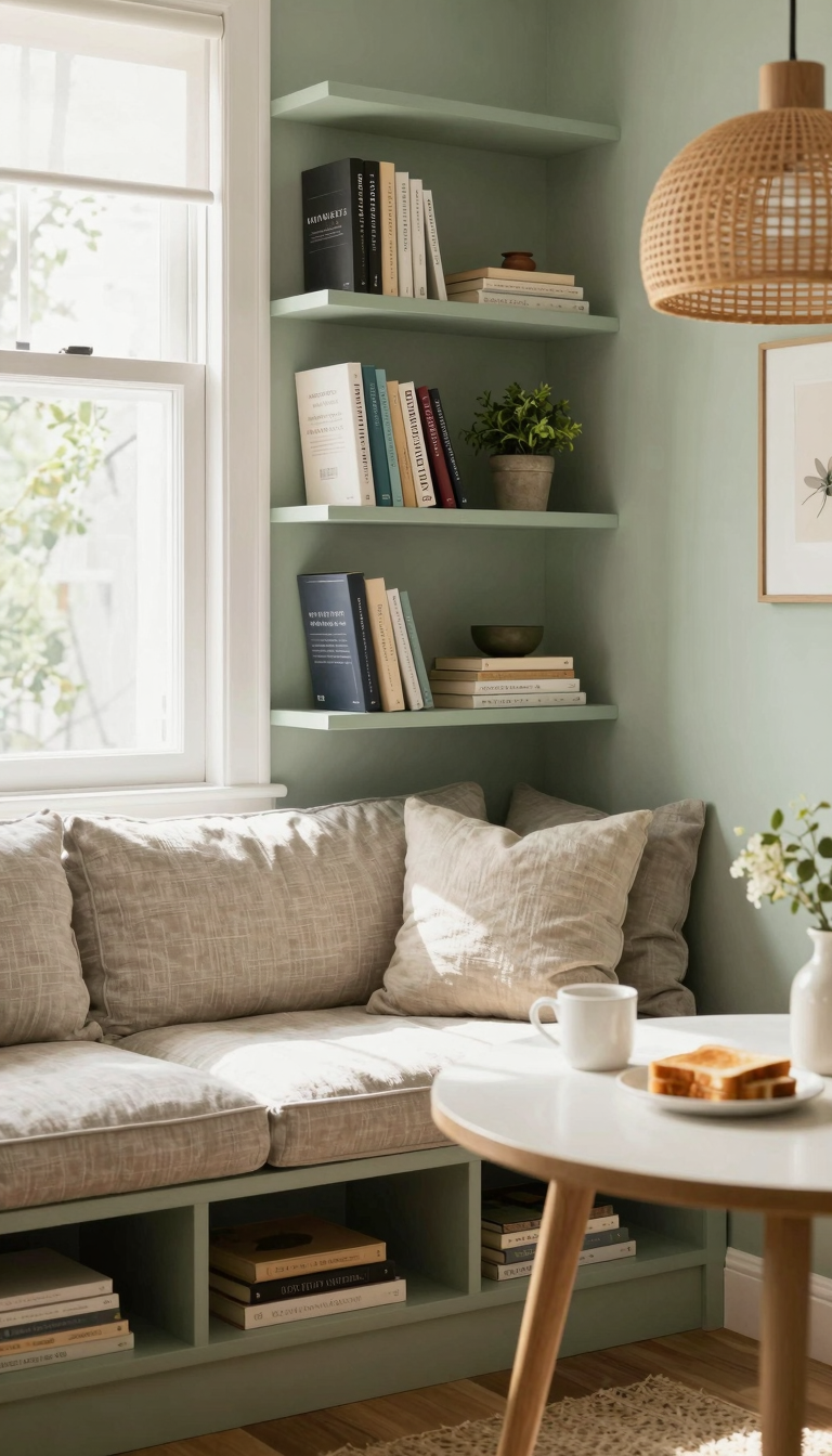 A window seat with built-in bookshelves in a breakfast nook corner, filled with books and a potted plant.