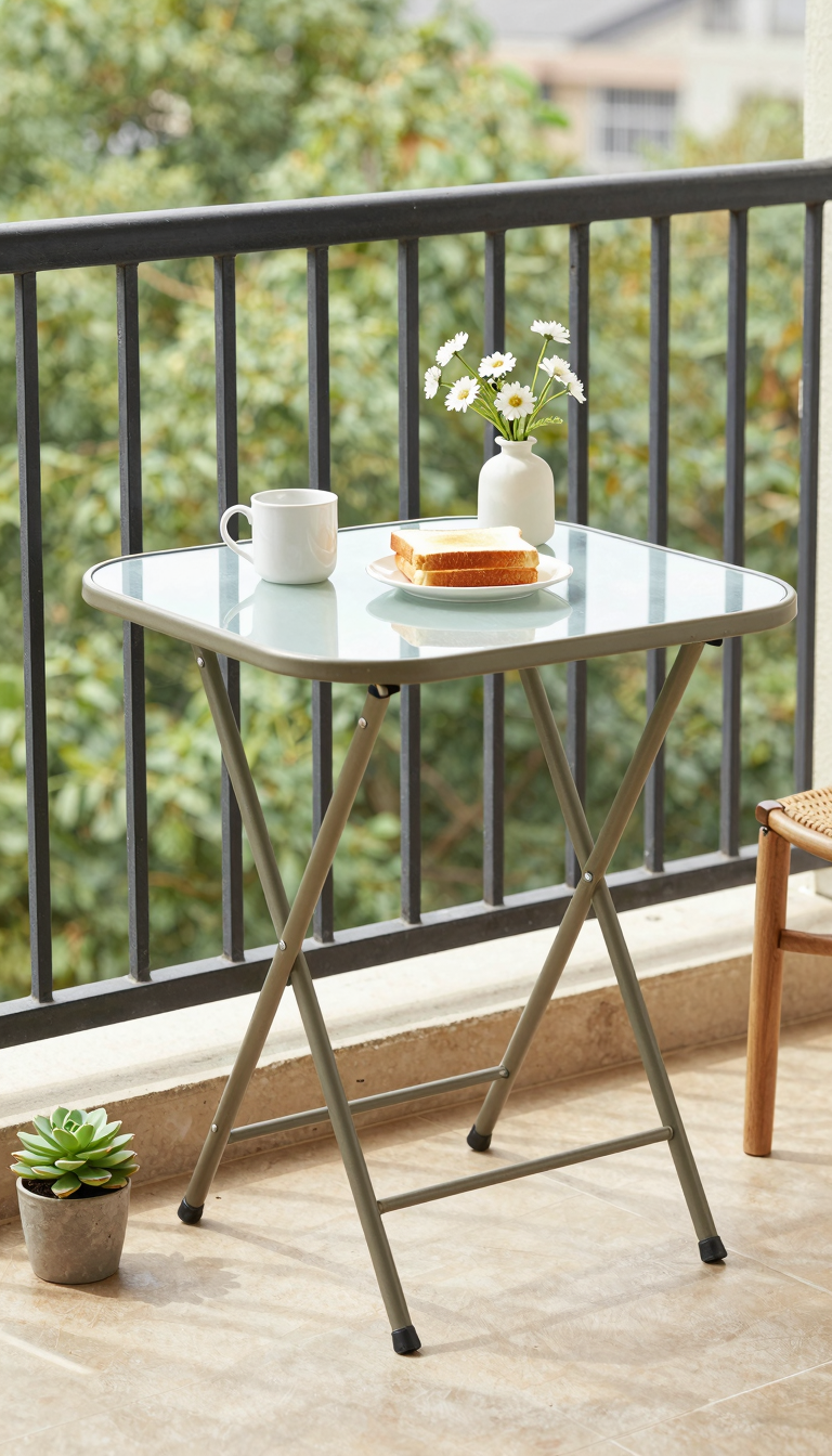 A foldable bistro table on a small balcony with a white mug and a plate of toast.