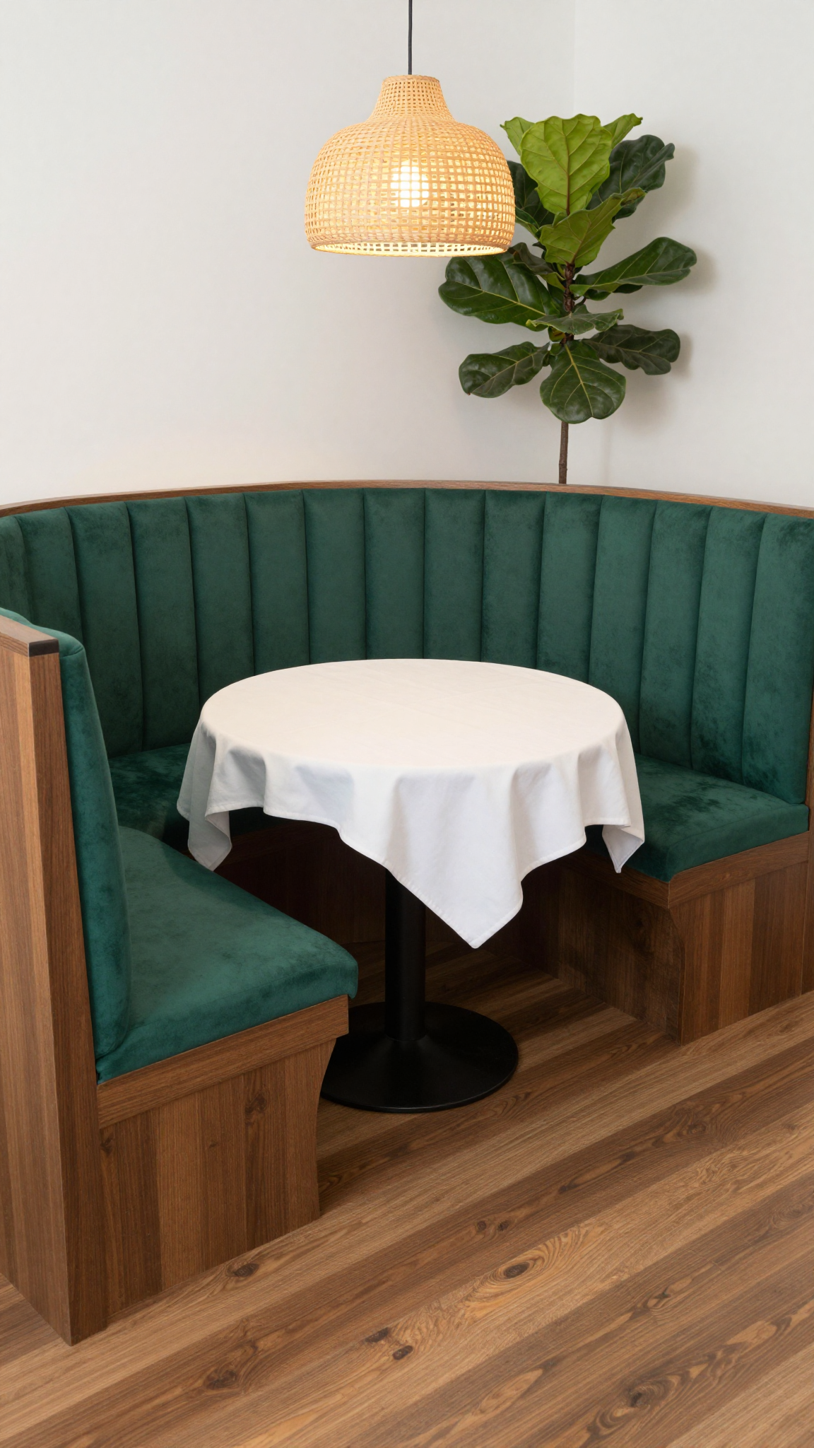 An upholstered booth-style banquette in a breakfast nook corner with a round pedestal table.