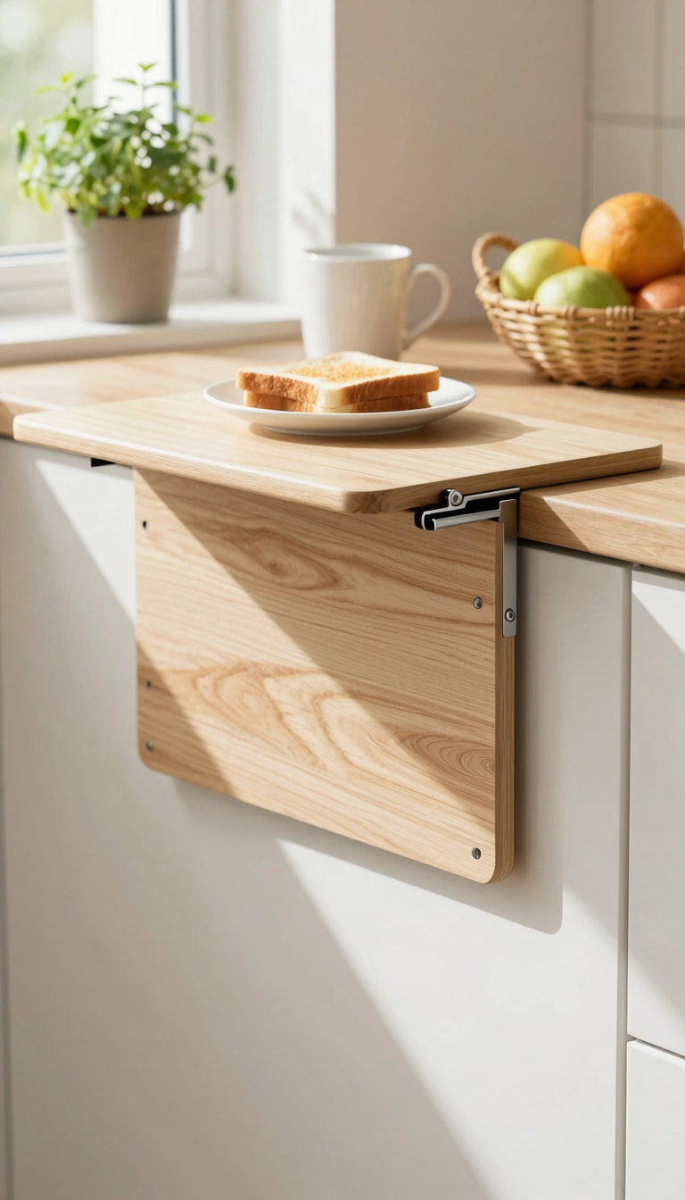 A wall-mounted drop-leaf table clamped onto a kitchen counter with a white mug and toast.