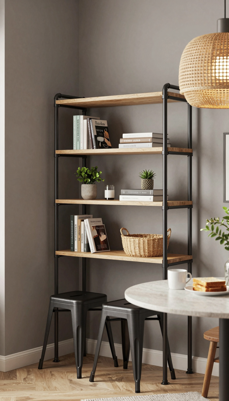 Industrial pipe shelving with stools in a breakfast nook corner, filled with cookbooks and a potted plant.