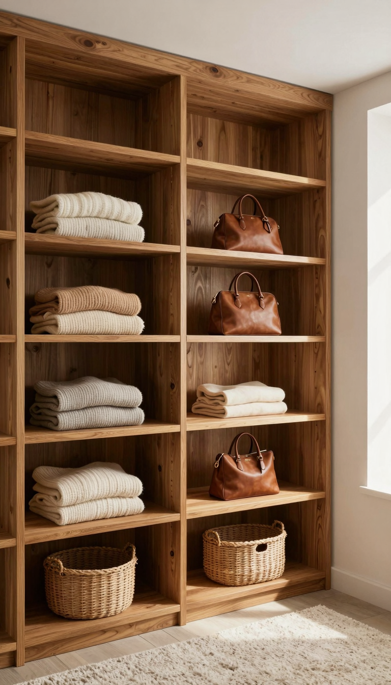 Walk-in closet with solid oak shelves holding folded sweaters and leather handbags in natural lighting