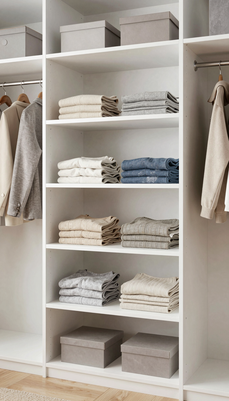Modern closet with white-painted plywood shelves and folded clothes in soft lighting