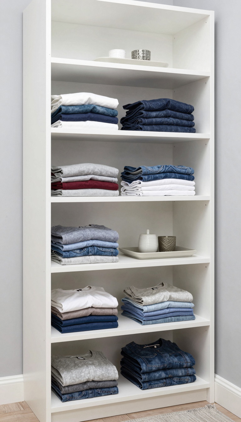 Small closet with bright white MDF shelves and neatly folded t-shirts in soft lighting