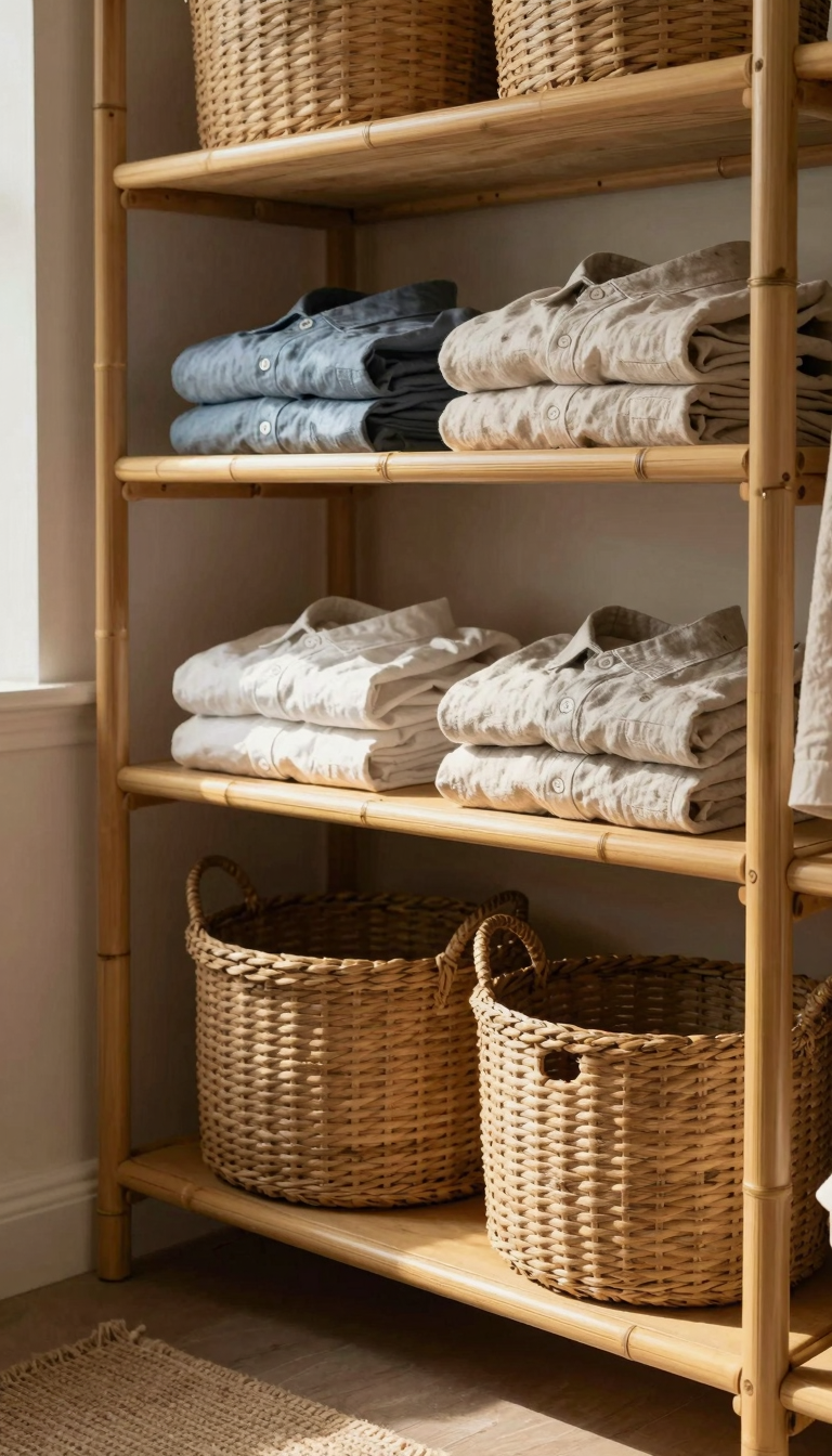 Cozy closet with light bamboo shelves and woven baskets in natural lighting