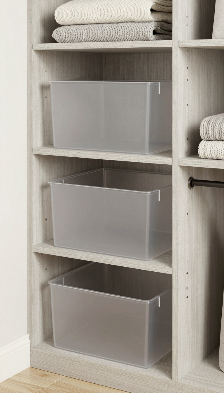 Compact closet with light gray engineered wood shelves and clear acrylic storage bins in soft lighting