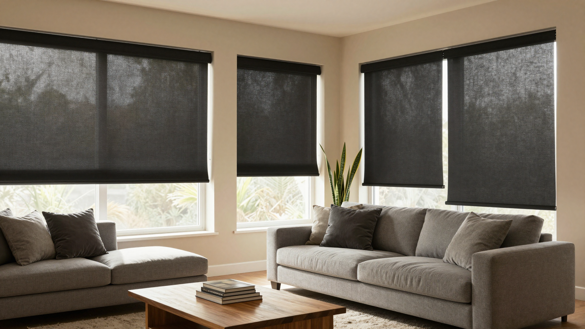 Cozy living room with large windows covered in blackout cellular shades, soft natural light, and neutral decor