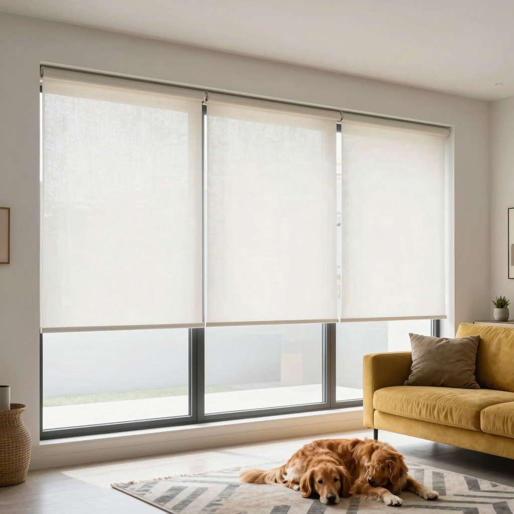 Bali Cordless Cellular Shades on floor-to-ceiling windows in a modern living room with a dog