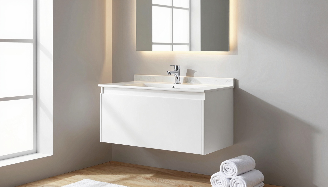 Small white floating bathroom vanity with marble-look countertop and chrome faucet in a bright, modern bathroom