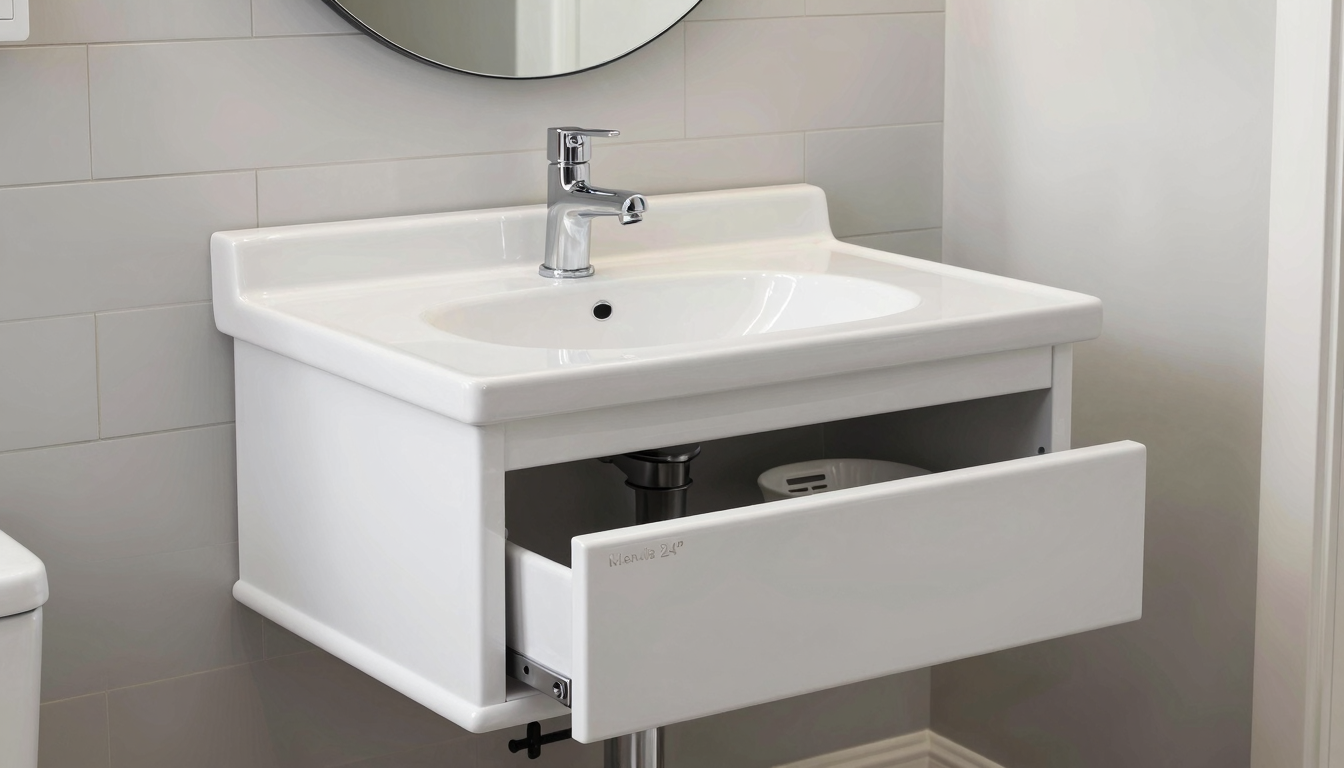 White ceramic floating vanity with soft-close drawer and chrome faucet in modern bathroom