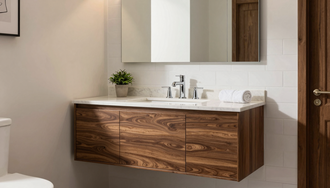 Espresso wood floating vanity with matching mirror and chrome faucet in modern bathroom