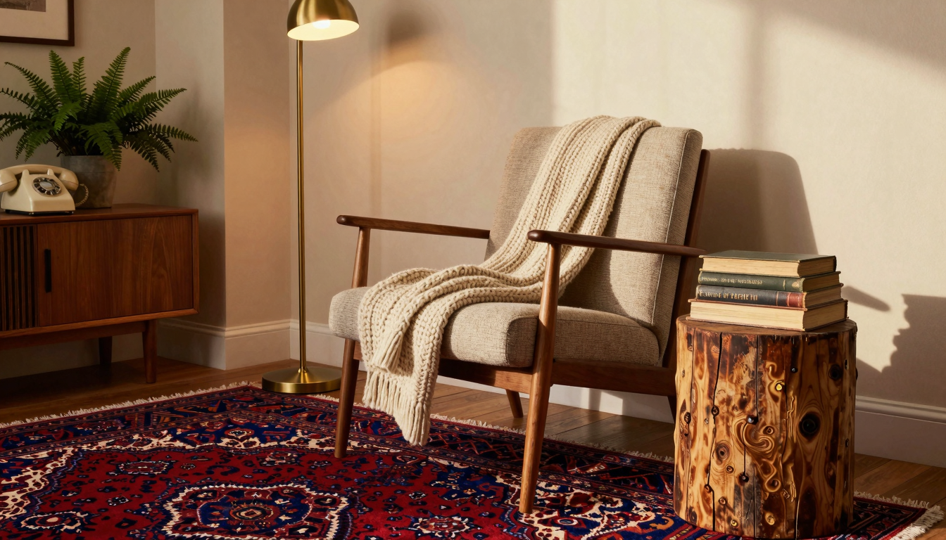 A cozy living room with vintage Persian rug, mid-century chair, brass lamp, and warm lighting