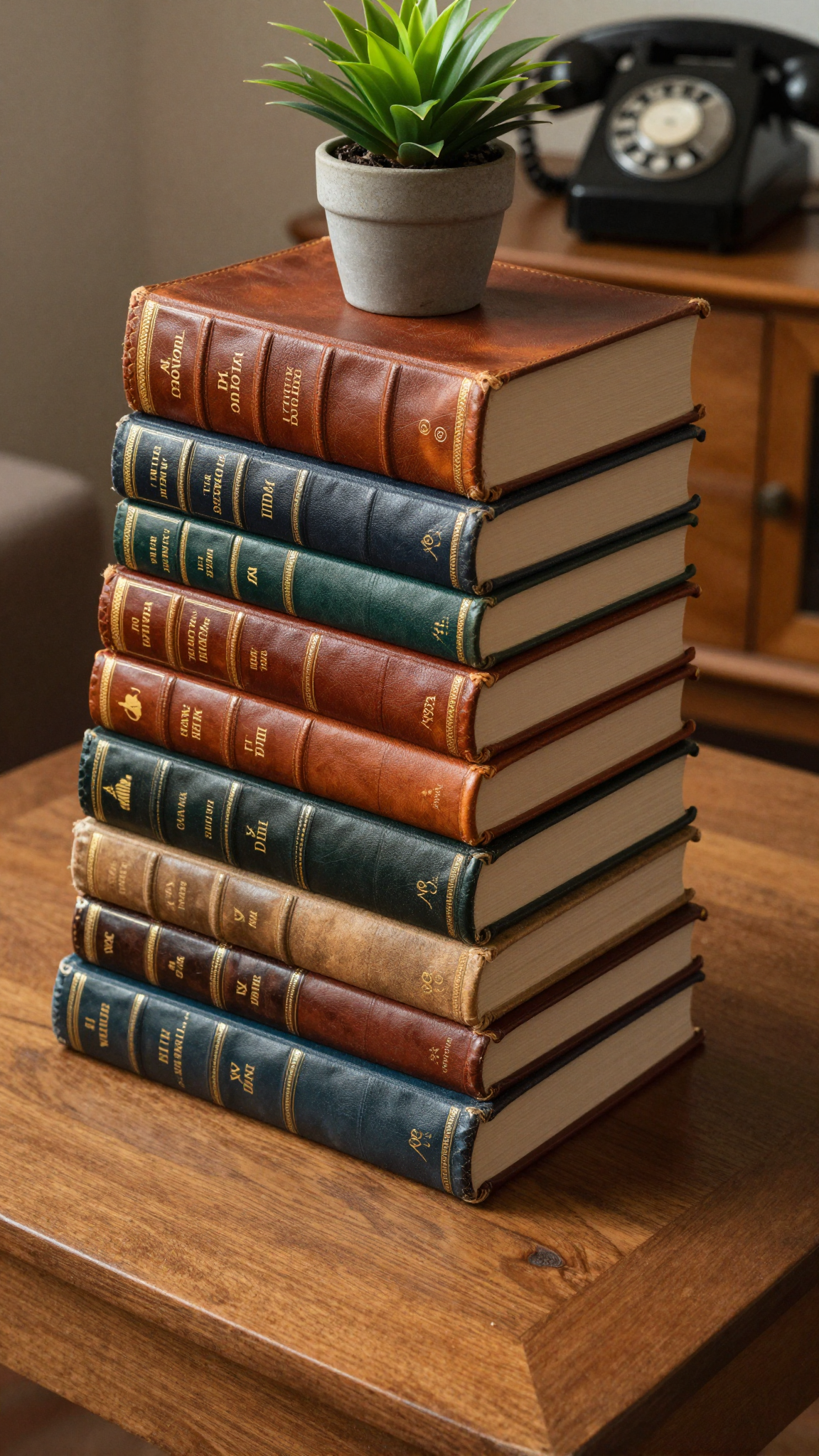 Stack of vintage leather-bound books with gold lettering on a wooden coffee table