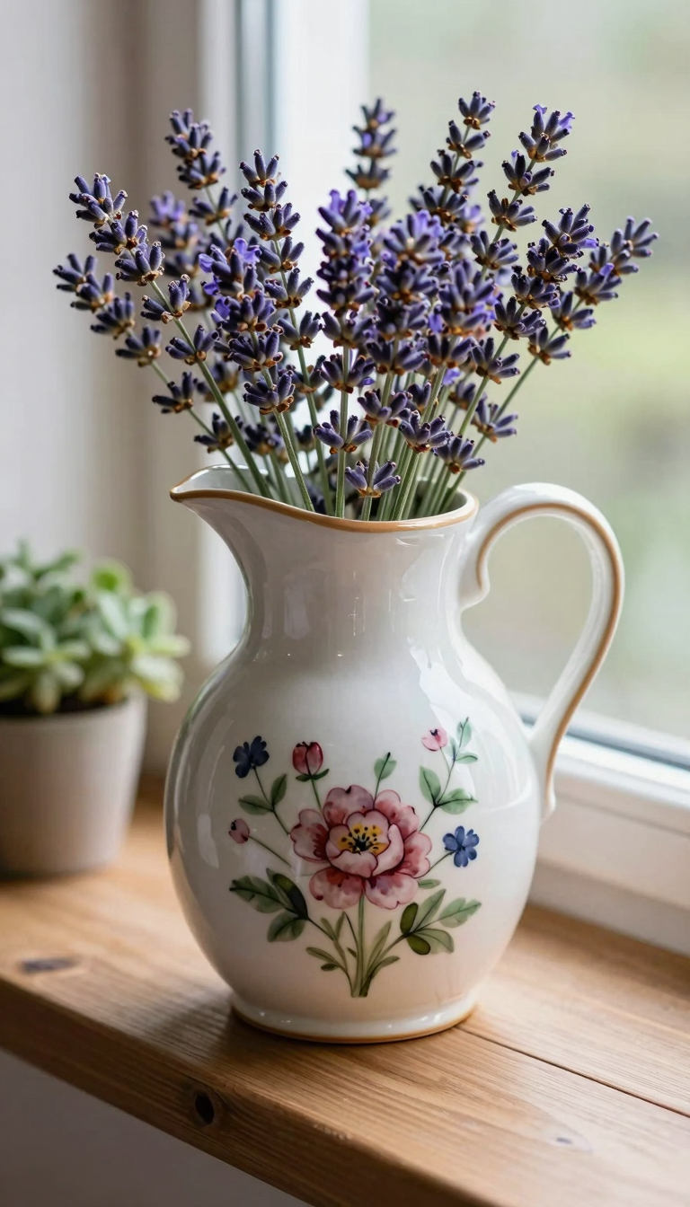 Vintage ceramic pitcher with hand-painted floral design filled with fresh lavender