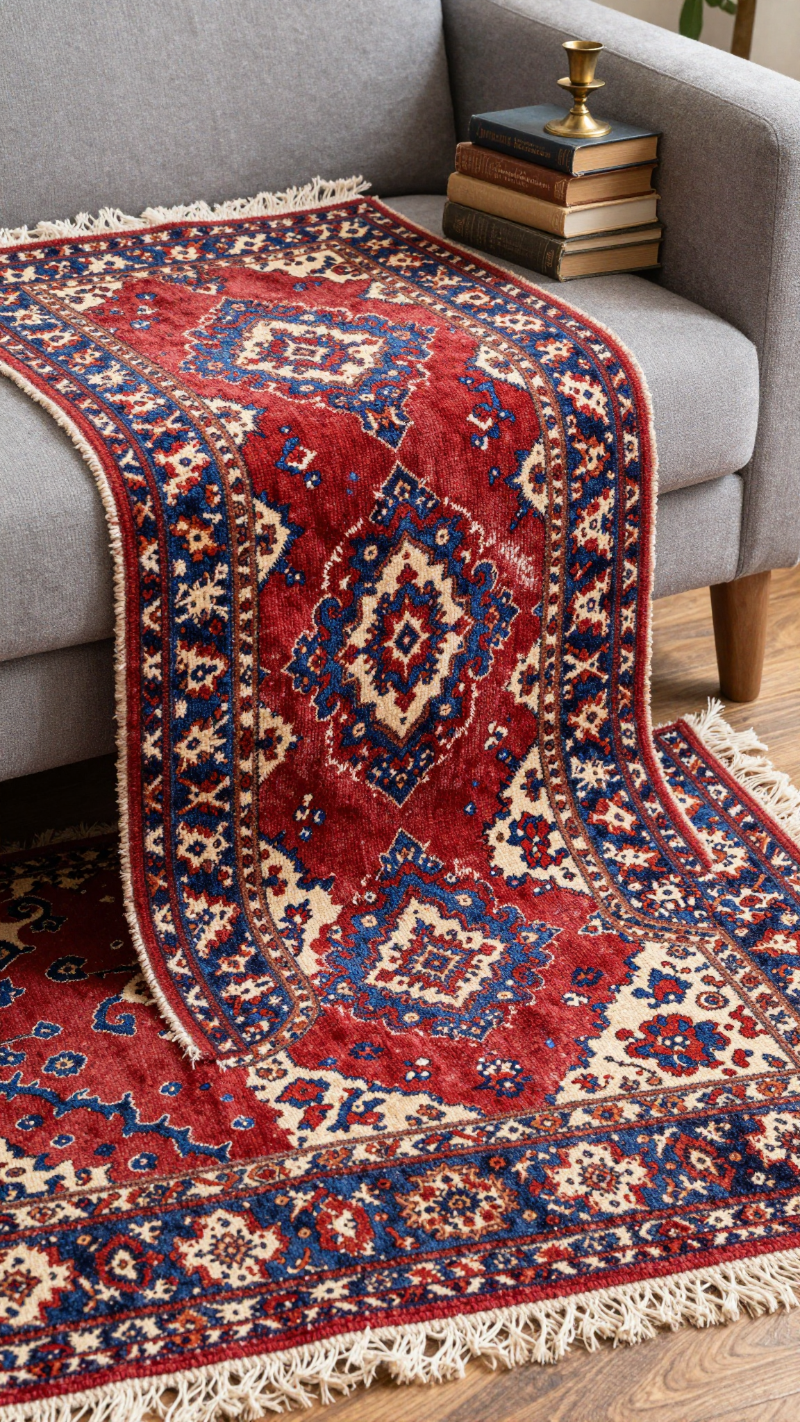 Close-up of a vintage Persian rug with red and blue patterns on a modern sofa
