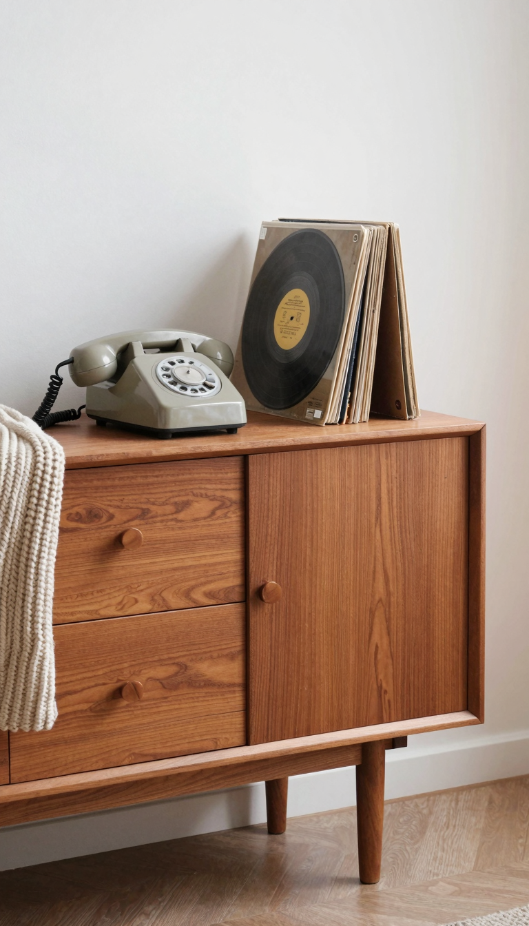 Mid-century modern sideboard in teak wood with vinyl records and a knit throw