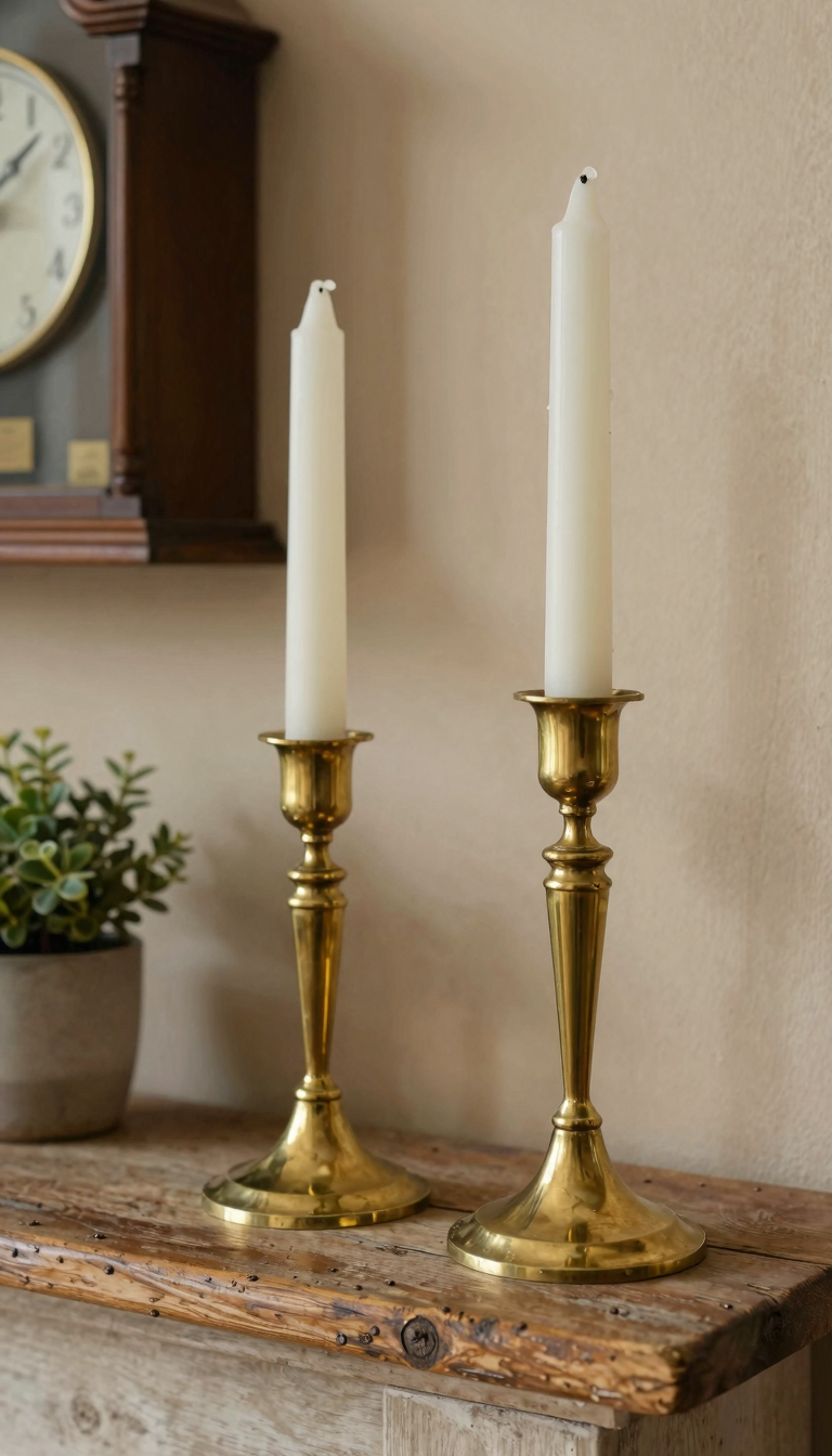 Two vintage brass candlesticks with taper candles on a wooden mantel