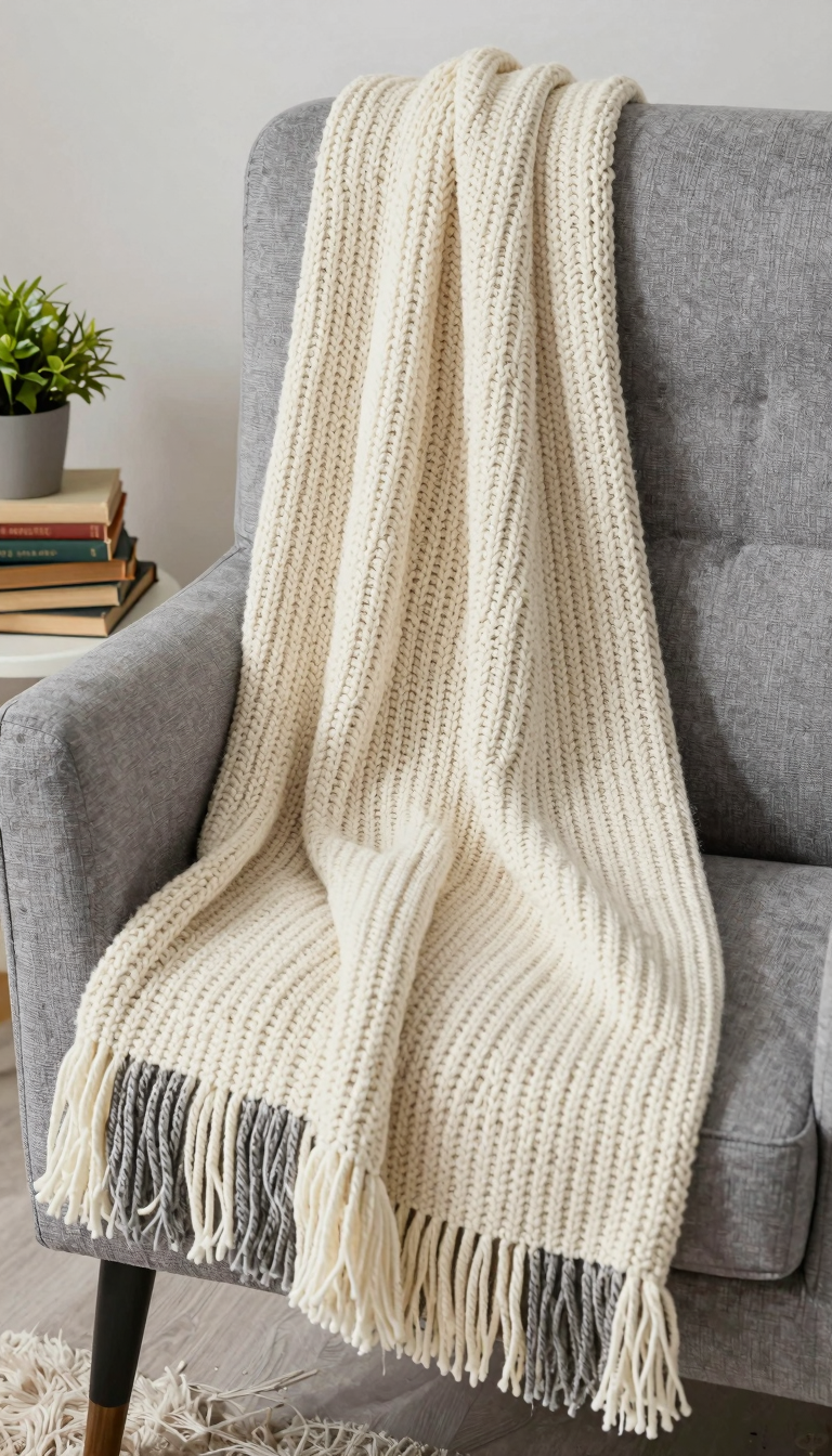 Chunky knit throw blanket in cream and gray draped over a modern armchair