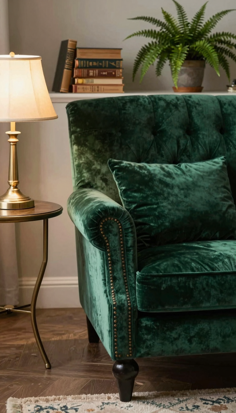 Vintage velvet armchair in emerald green with tufted back in a cozy corner