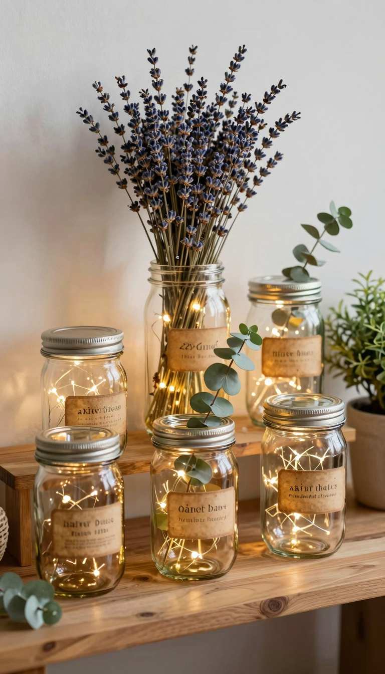 Vintage mason jars filled with dried lavender and fairy lights on a wooden shelf