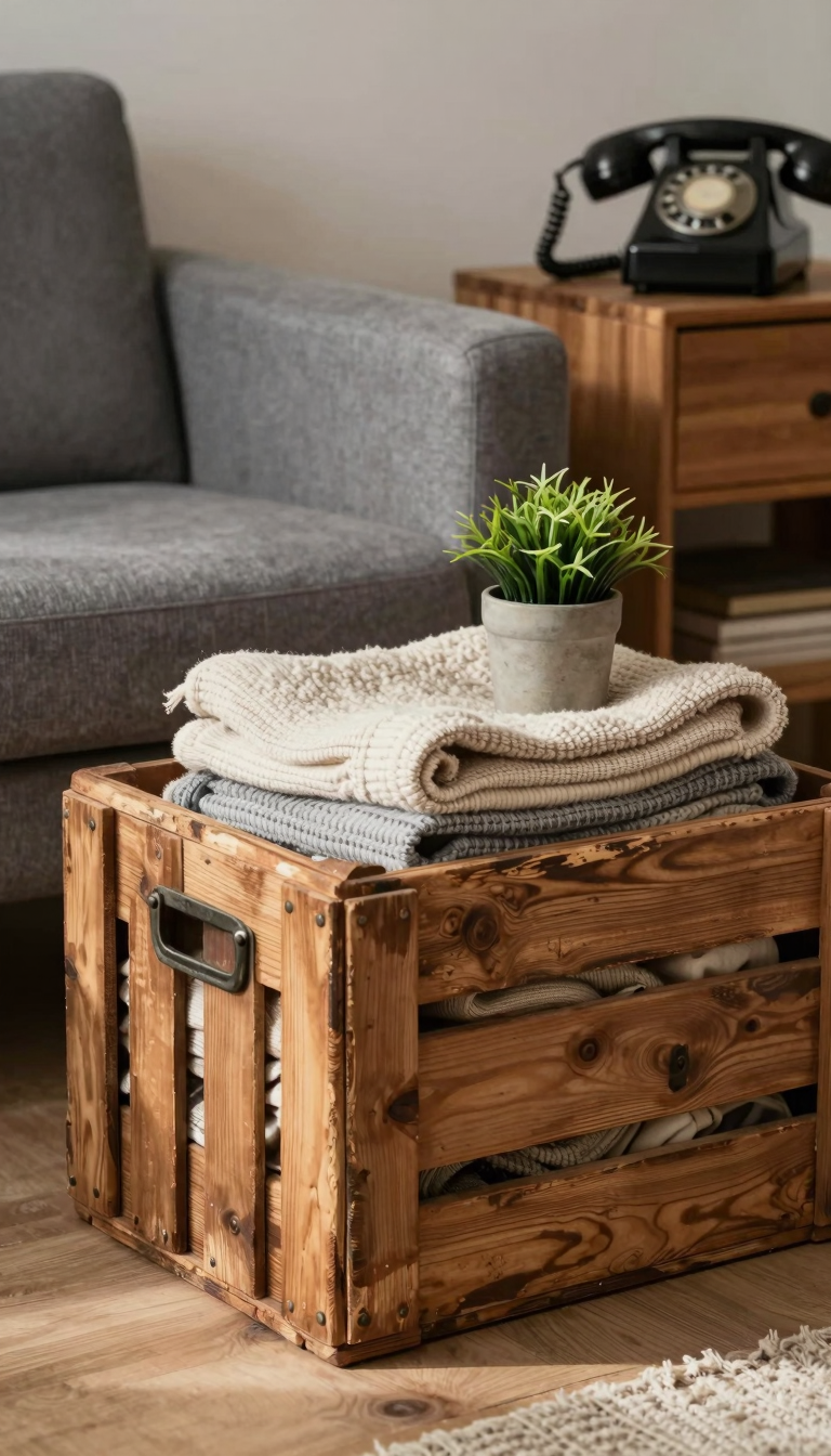 Vintage wooden crate filled with folded blankets next to a modern sofa