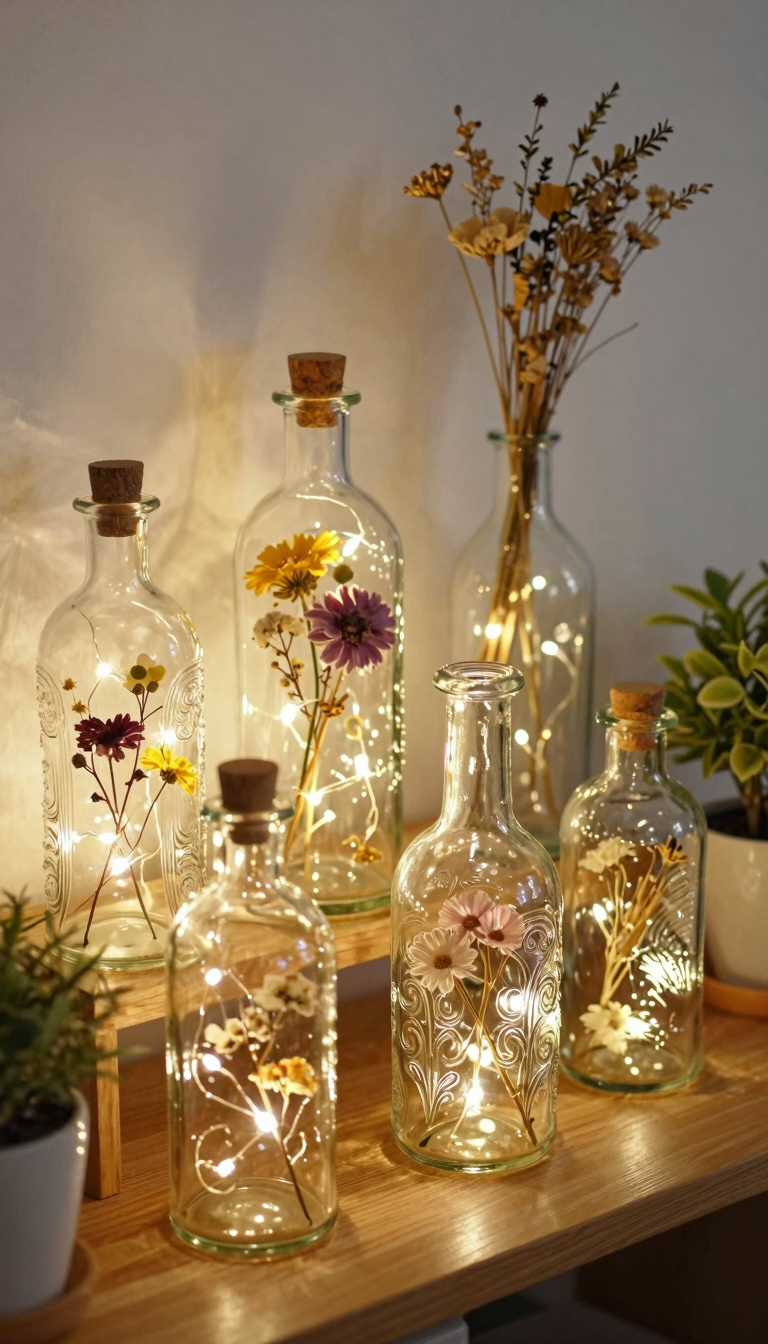 Vintage glass bottles filled with dried flowers and fairy lights on a wooden shelf