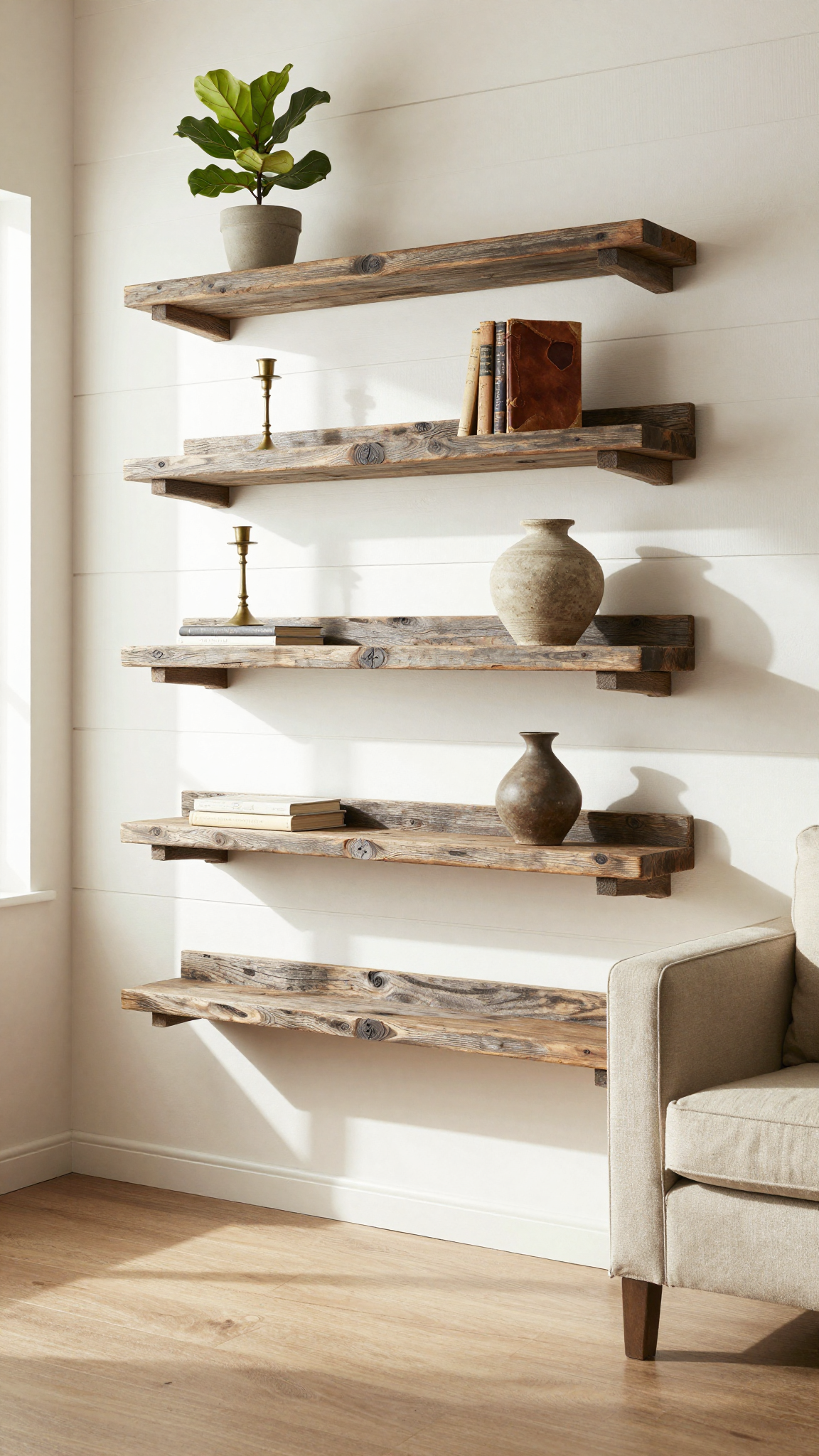 Cozy living room with three rustic floating shelves displaying plants, books, and decor on a white shiplap wall