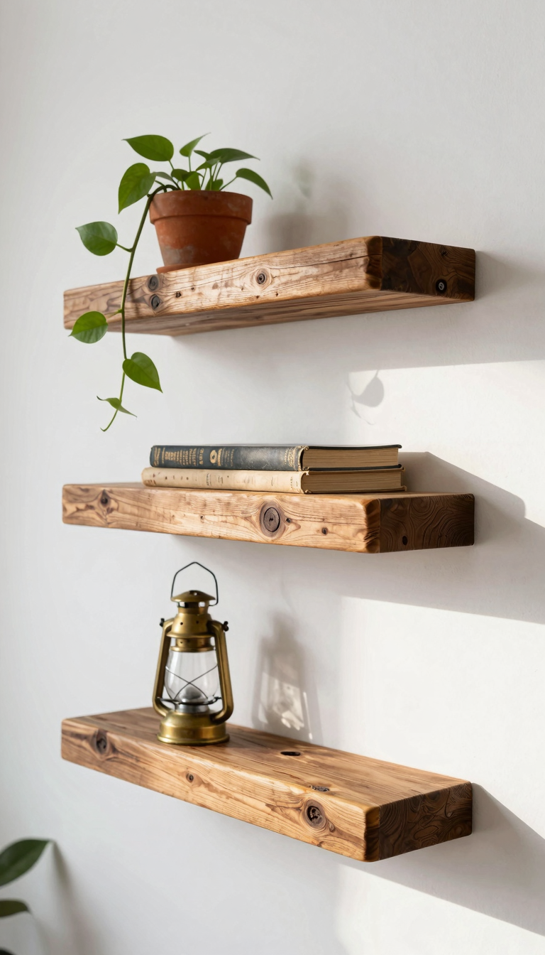 Three reclaimed wood floating shelves with plants and books on a white wall