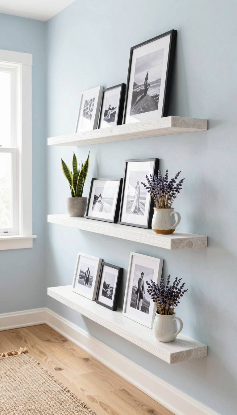 Three whitewashed wood floating shelves with photos and plants in a bright hallway