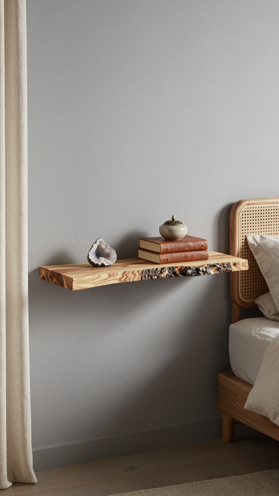 Live edge floating shelf with crystals and books in a cozy bedroom