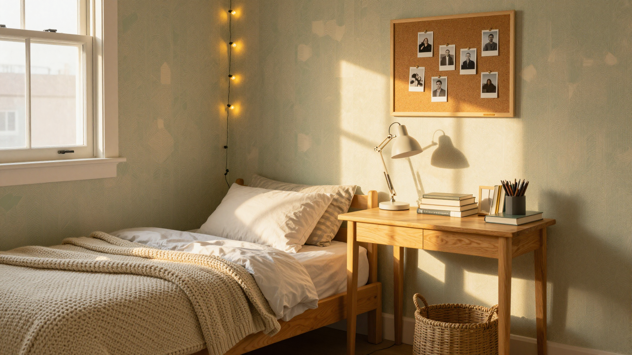Cozy dorm room corner with warm lighting, peel-and-stick wallpaper, and string lights