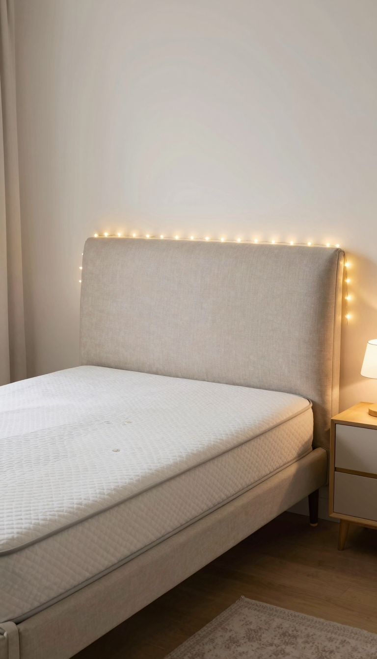 Fabric headboard draped over dorm bed with string lights