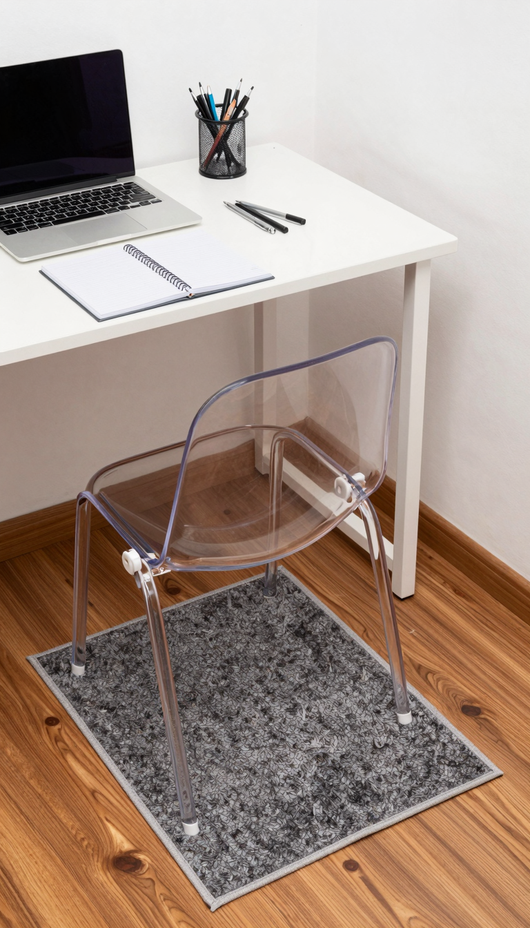 Acrylic chair mat under dorm desk chair with small rug