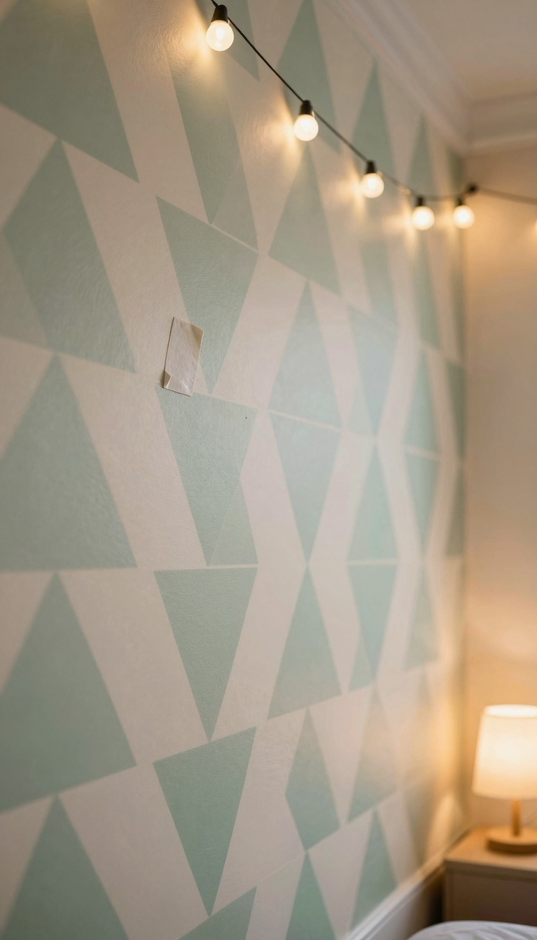 Peel-and-stick wallpaper with geometric pattern on dorm wall