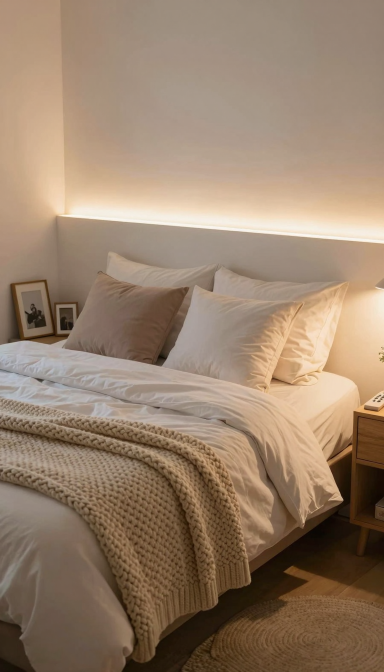 LED strip lights wrapped around dorm bed frame with remote