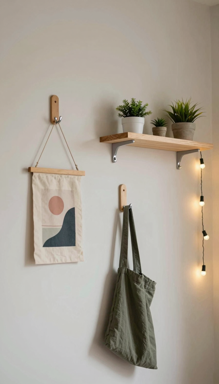 Command Hooks holding tapestry and shelf in dorm room