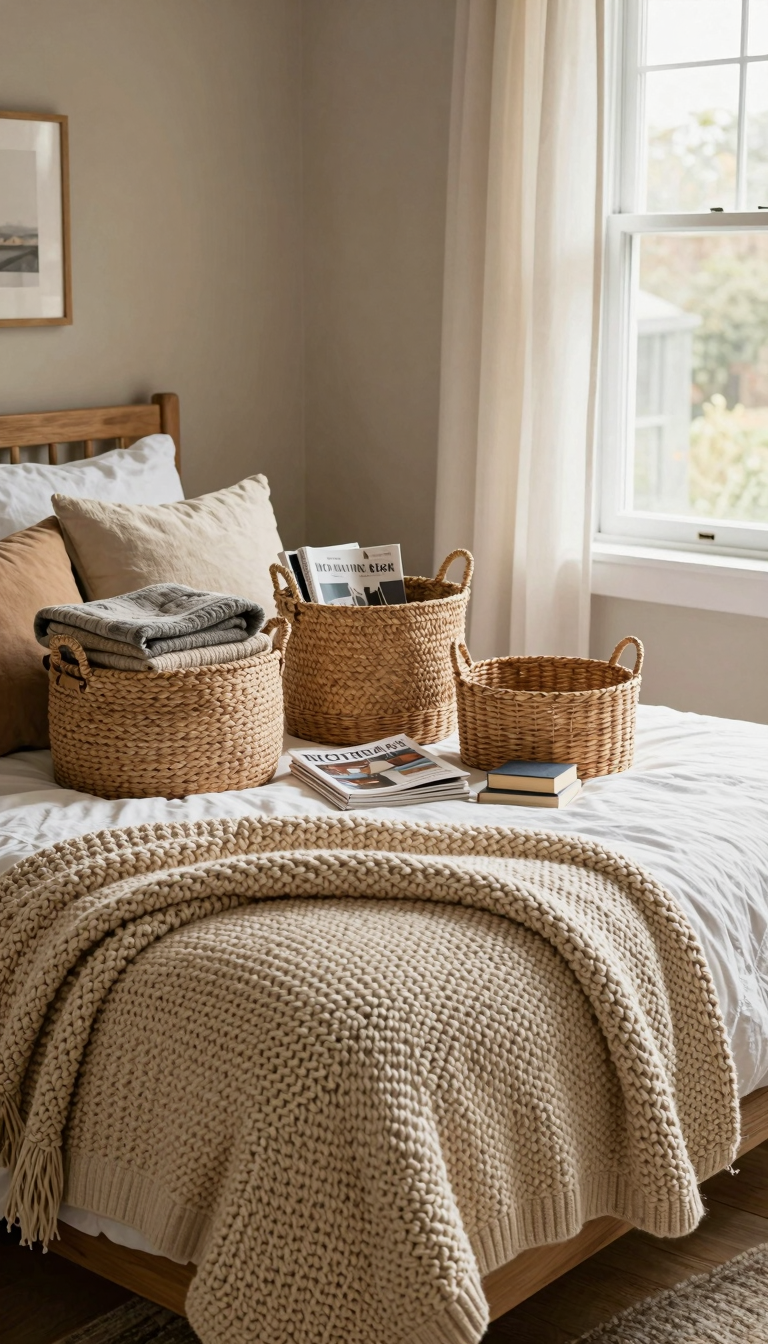 Woven baskets holding blankets and magazines on dorm bed