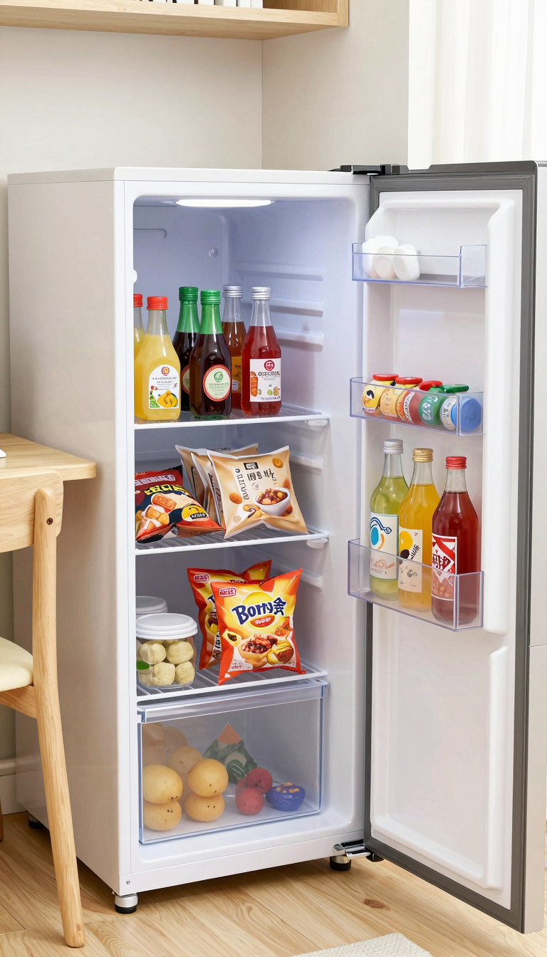 Mini fridge organizer with stackable bins in dorm fridge