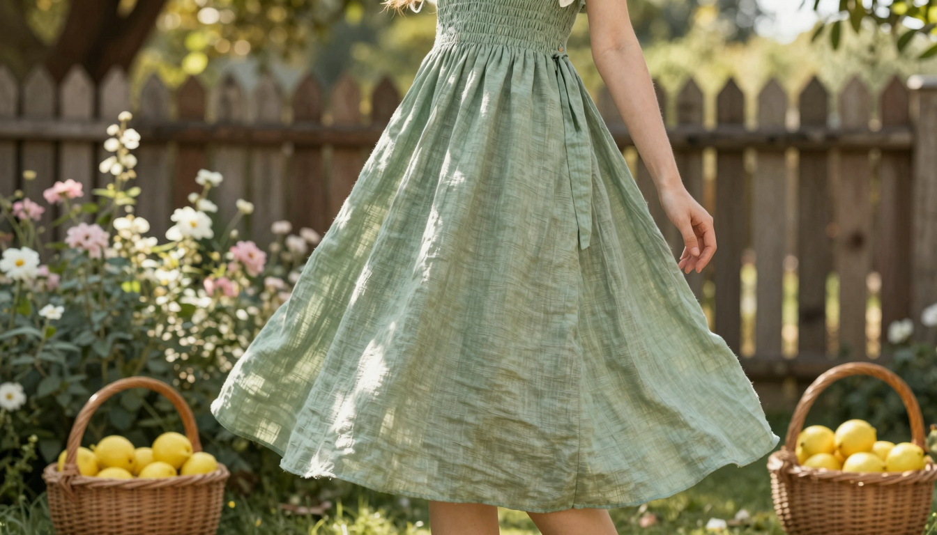 Woman in a sage green linen rush dress standing in a sunlit garden with wildflowers and a rustic fence in the background